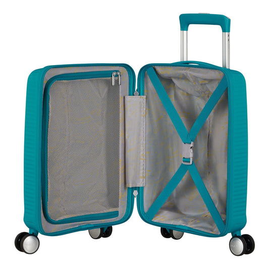 American Tourister Soundbox Mini – Kinderkoffer Handgepäck 47 cm | 22 L Hartschale, 4 Rollen, Blau (Deep Teal)